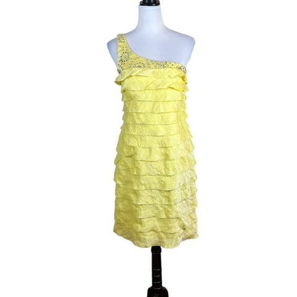 London Times Yellow Tiered One Shoulder Cocktail Party Dress, Size 8 - Picture 1 of 9